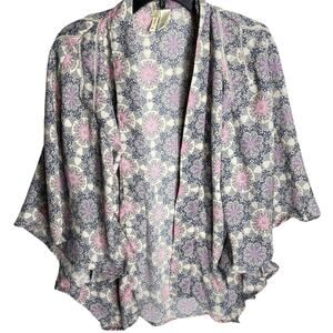 Japana Kimono Jacket Size M Blue Pink Floral Open Front 3/4 Sleeve Cottagecore